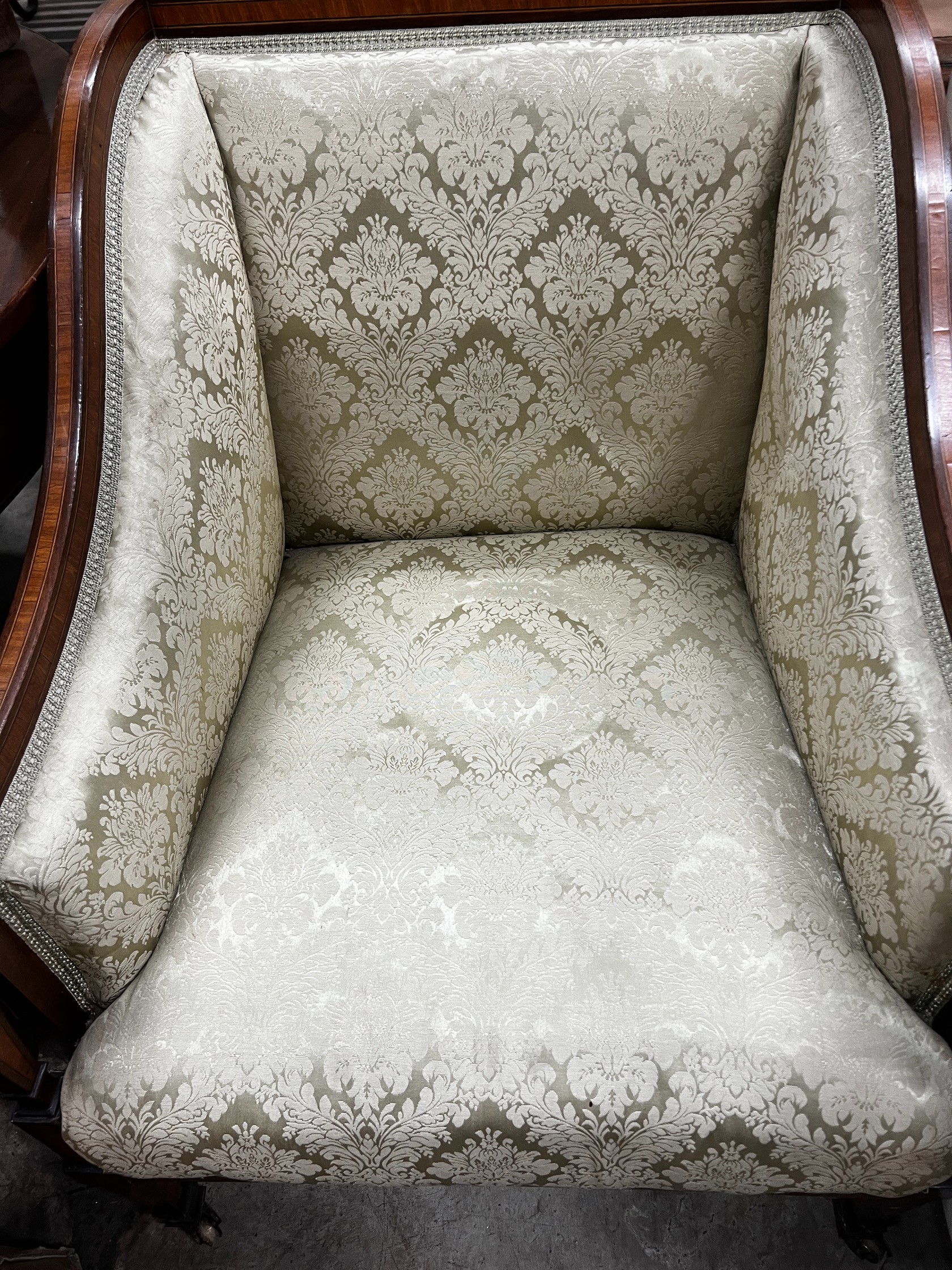 An Edwardian satinwood banded mahogany armchair, width 63cm depth 70cm height 83cm